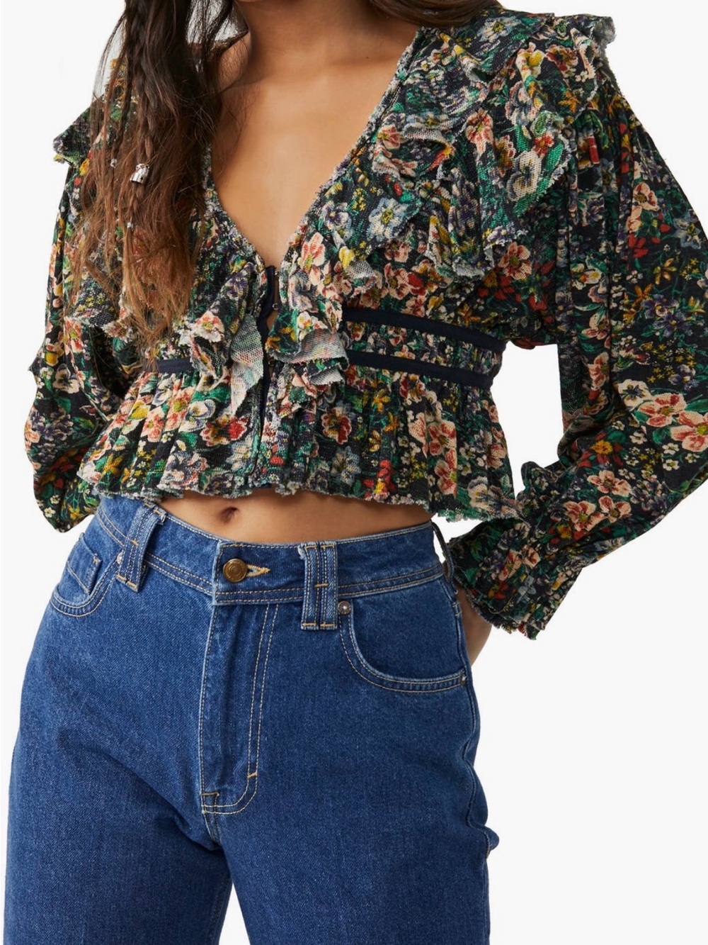 NWOT Free People Rudi Printed Ruffle Crop Blouse in Night Garden Combo, Size Med